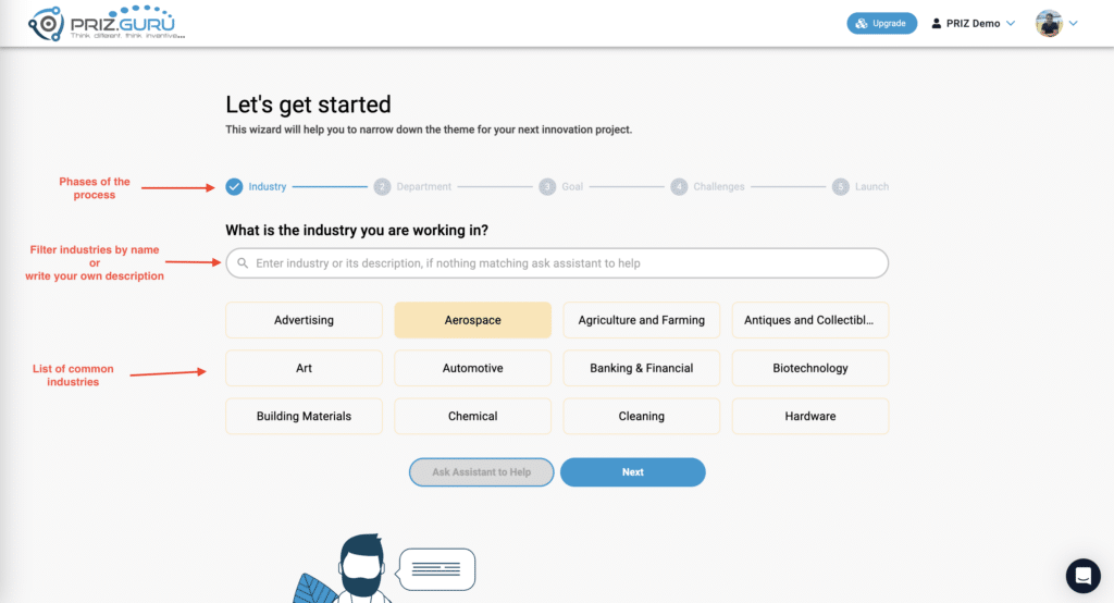Industry selection | Project creation | PRIZ Guru