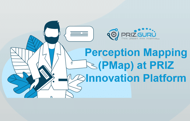 Illustration of a person holding a folder, representing Perception Mapping (PMap) at PRIZ Innovation Platform, with the PRIZ.GURU logo in the background.